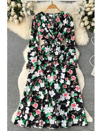 Fashion Floral Print Full Sleeve Long Dress Women Elegant High Waist A-line Party Dress