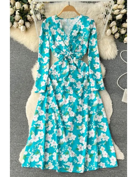 Fashion Floral Print Full Sleeve Long Dress Women Elegant High Waist A-line Party Dress