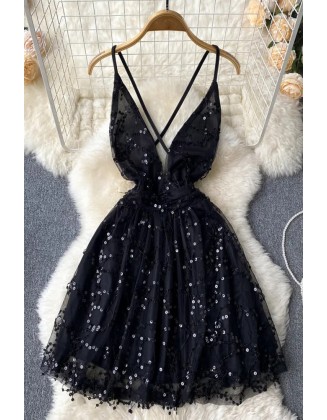 Fashion Sexy Backless Sequin Dress Women Deep V-neck Criss-cross Bandage Short Lace Party Dress