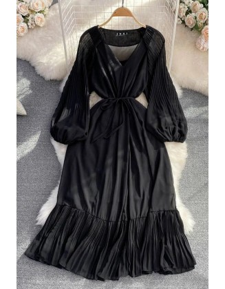 Women Dress Fashion Elegant Lace-up Ruffled Long Dress Lantern Sleeve Party Dress