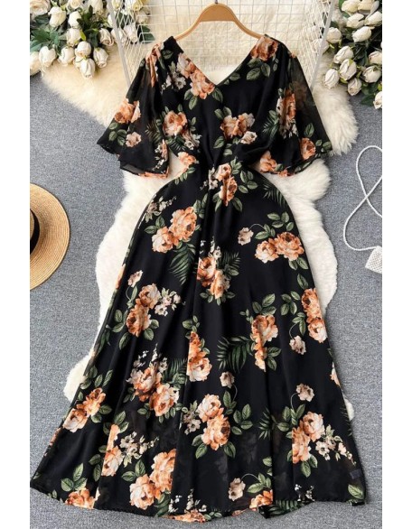 Women Dress Fashion Romantic Floral Print Long Chiffon Dress