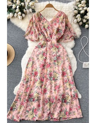 Women Dress Fashion Romantic Floral Print Long Chiffon Dress