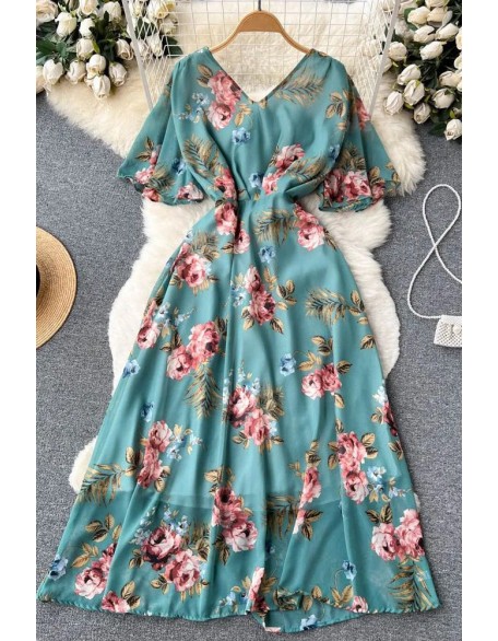 Women Dress Fashion Romantic Floral Print Long Chiffon Dress