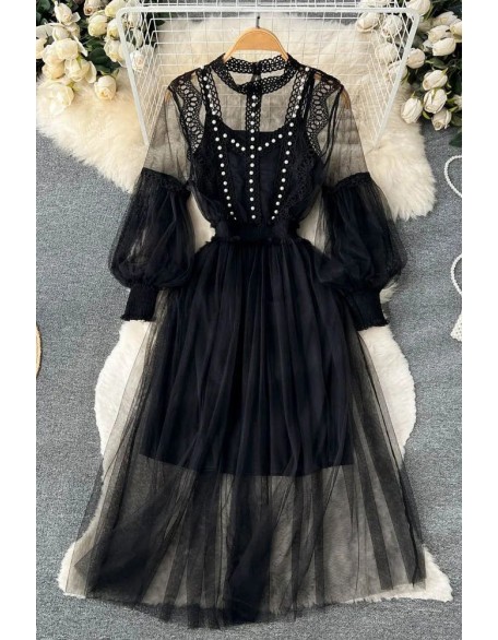 Romantic Women Lace Beading Party Dress Elegant Lantern Sleeve Gothic Long Dress Two Piece Set