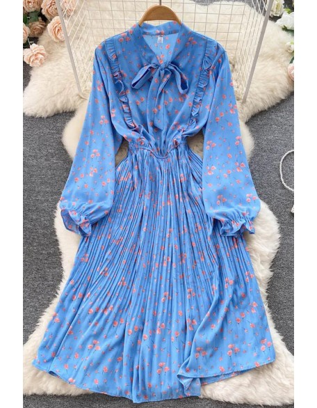 Romantic Women Floral Print Bow Neck Pleated Dress Long Sleeve Ruffled Shirt Dress