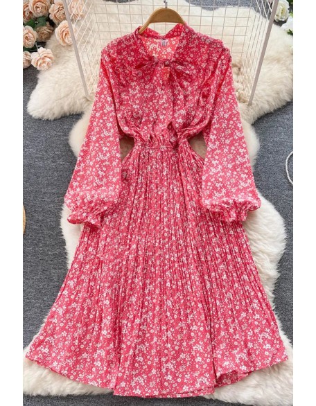 Romantic Women Floral Print Bow Neck Pleated Dress Long Sleeve Ruffled Shirt Dress