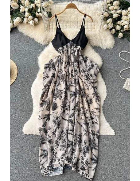 Women Dress Casual Loose Floral Print Irregular Long Dress Elegant High Waist Party Dress