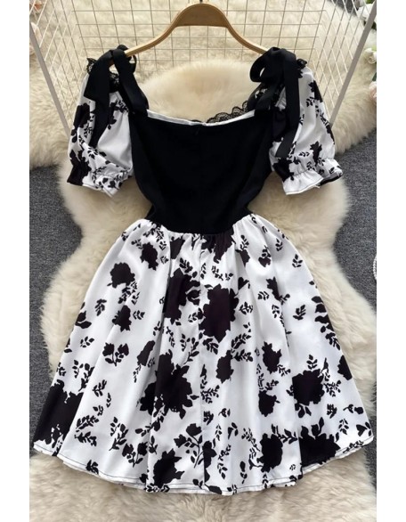 Fashion Slim High Waist Bandage Women Dress Elegant Gothic Black White Print Party Dress Ladies Dresses