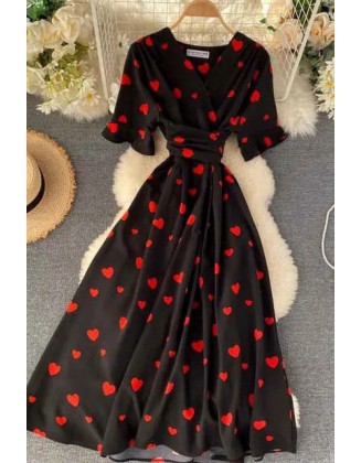 Romantic Heart Print Dress Women V Neck High Waist Long Bandage Dress Ladies Fashion Party Dresses