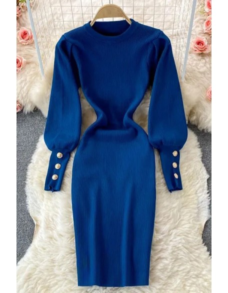 Women Dress Fashion Elegant Puff Sleeve Slim Elastic Knitted Sweater Dress