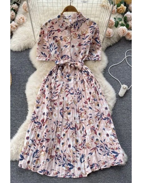 Elegant Dress Women Fashion Floral Print Pleated Long Dress