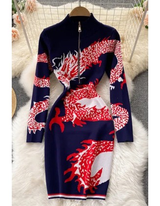 Women Dragon Pattern Long Sleeve Knitted Dress Harajuku Zipper Fly Collar Bodycon Dress