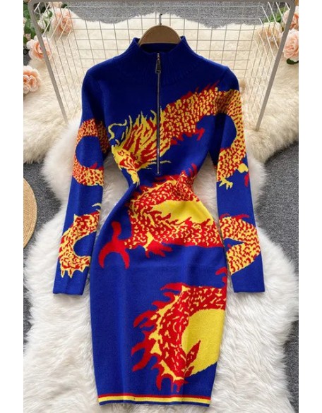 Women Dragon Pattern Long Sleeve Knitted Dress Harajuku Zipper Fly Collar Bodycon Dress