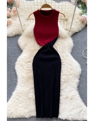 Elegant Colorblock Knitted Women Dress Bodycon Fashion Vestidos Robe Dress