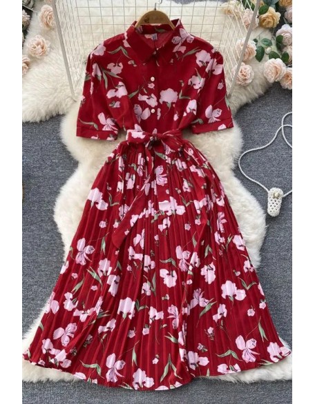 Elegant Dress Women Floral Print Pleated Long Dress Fashion Ladies Party Dress