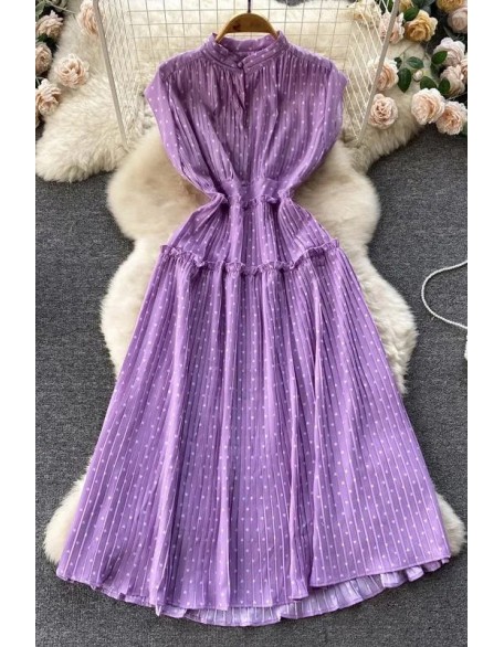 Women Dress Elegant Polka Dot Print Sleeveless High Waist Long Pleated Dress