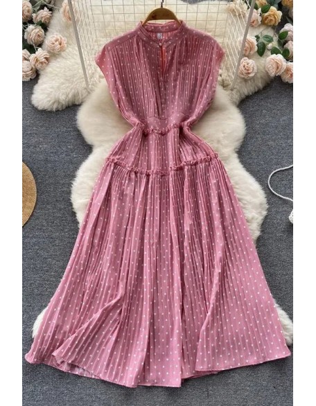 Women Dress Elegant Polka Dot Print Sleeveless High Waist Long Pleated Dress