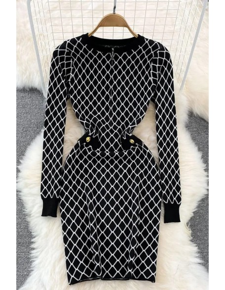 Women Elegant Geometric Knitted Sweater Dress Lady Wrap Hips Dress