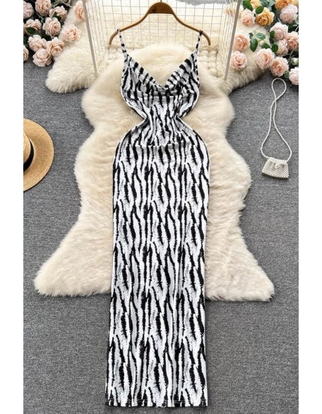 Fashion Swing Collar Sexy Strap Long Dress Women Zebra Print Bodycon Party Vestidos Dress