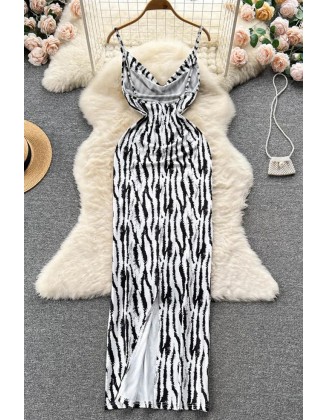 Fashion Swing Collar Sexy Strap Long Dress Women Zebra Print Bodycon Party Vestidos Dress