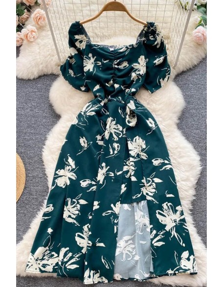 Women Dress Fashion Folds V-neck Floral Print Slit Long Dress Elegant Puff Sleeve Vacation Party Dress