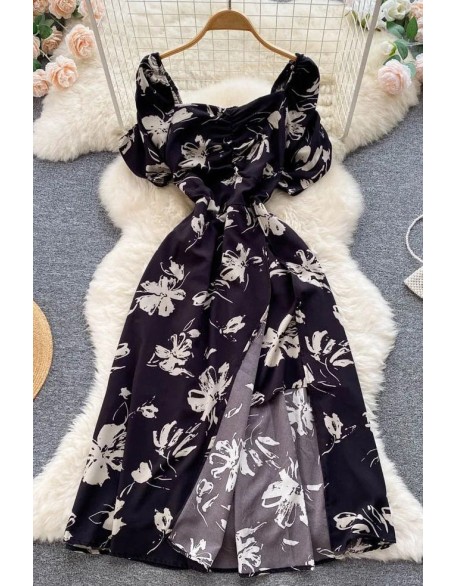 Women Dress Fashion Folds V-neck Floral Print Slit Long Dress Elegant Puff Sleeve Vacation Party Dress