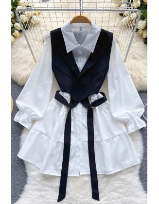 Women Dress Set Fashion Short Blouse Dress + Asymmetrical Vests Female Suits Two Piece