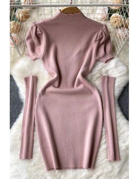 Fashion Clothes Women Puff Sleeve Knitted Bodycon Robe Dresses