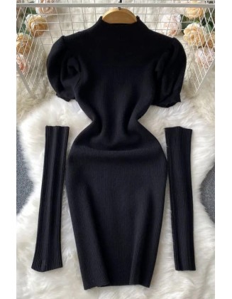 Fashion Clothes Women Puff Sleeve Knitted Bodycon Robe Dresses