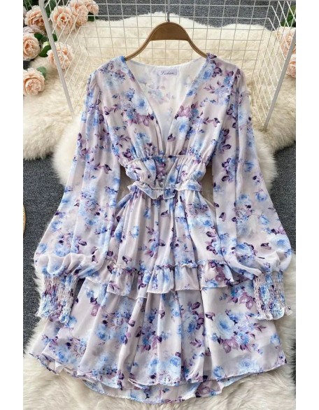 Women Dress Fashion V-neck Buttons Corset Floral Print Short Chiffon Dress