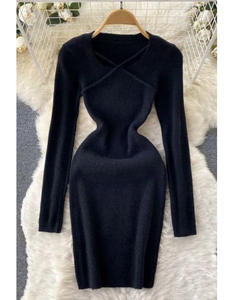 Good Quality Soft Women Dress Clothes Casual Solid Long Sleeve Knitted Bodycon Vestidos Lady Dress