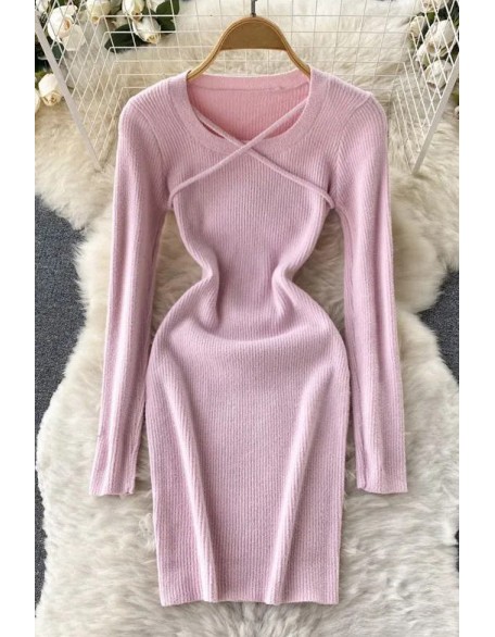 Good Quality Soft Women Dress Clothes Casual Solid Long Sleeve Knitted Bodycon Vestidos Lady Dress