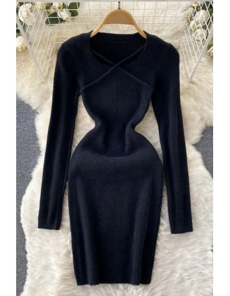 Good Quality Soft Women Dress Clothes Casual Solid Long Sleeve Knitted Bodycon Vestidos Lady Dress