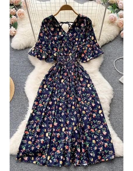 Fashion Floral Print Romantic Women Dress Slim Elastic Waist Long Dress