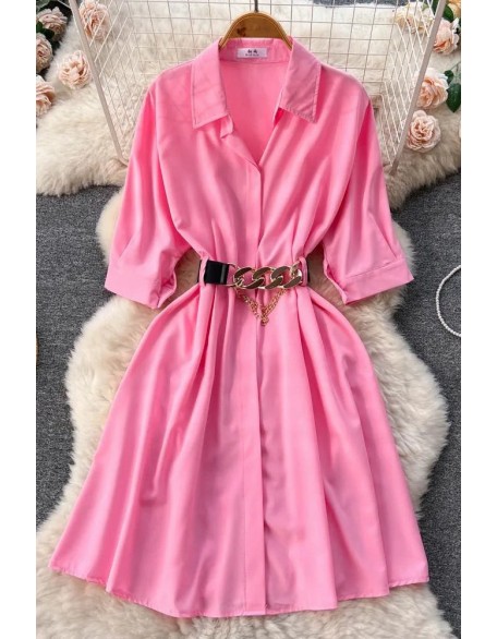 Elegant Women Dress Vintage Turn-down Collar Casual A-line Shirt Dress