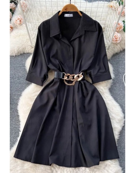 Elegant Women Dress Vintage Turn-down Collar Casual A-line Shirt Dress