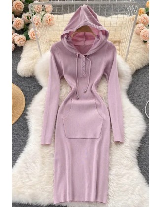 Women Knitted Dress Hooded Buttons Bodycon Sweater Dress