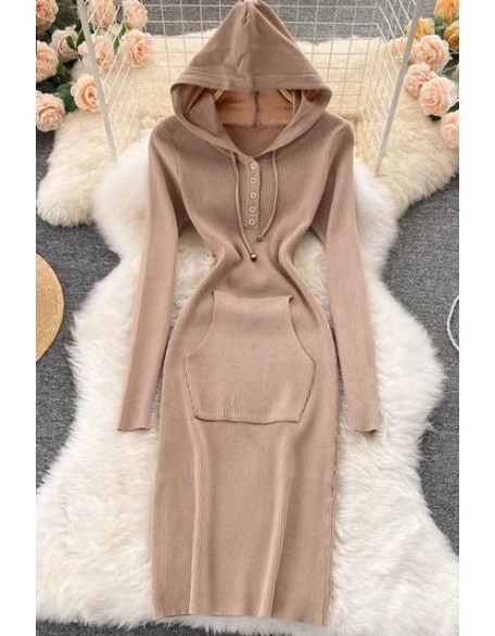 Women Knitted Dress Hooded Buttons Bodycon Sweater Dress