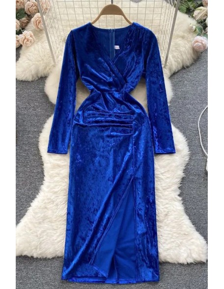 Luxury Solid Velvet Long Dress Retro Vintage V-neck High Split Elegant Party Dress for Women Dress