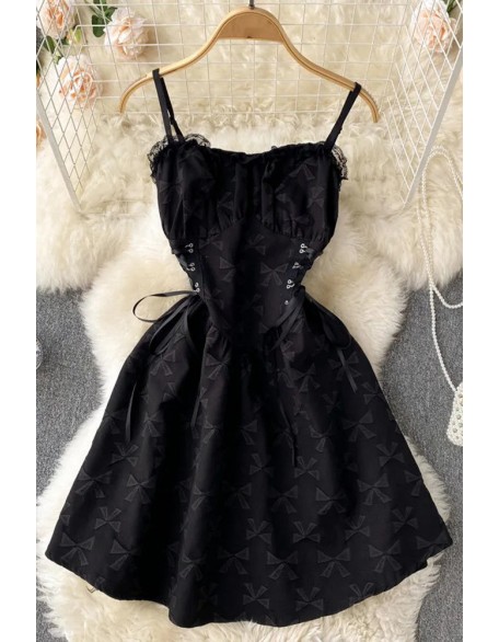 Fashion Women Princess Jacquard Black Dress Sexy Lace Patchwork Gothic Bandage Mini Dress