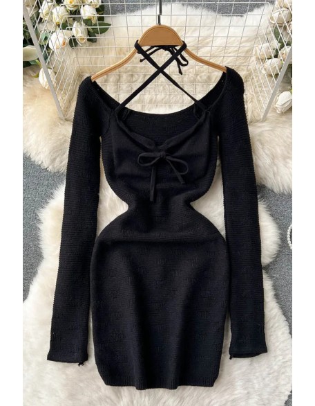 Bandage Bodycon Mini Dress Women Elegant Long Sleeve Knitted Sweater Dress