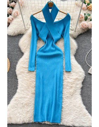 Elegant Cross Knitted Bodycon Dress Women Slim Elastic Long Sleeve Sweater Dress
