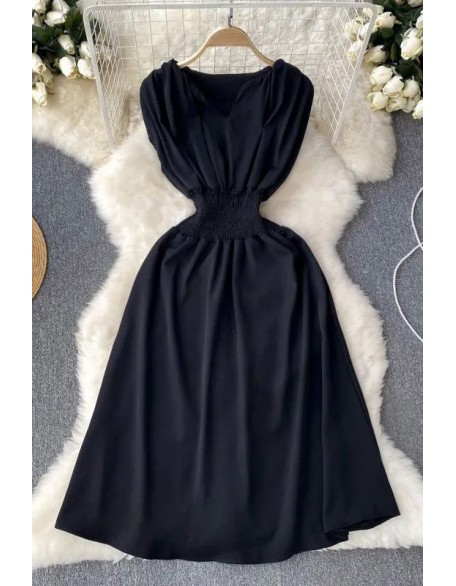 Dress Women Casual Elastic Waist Long Dress Fashion A-line Sleeveless Robe Femme Dress