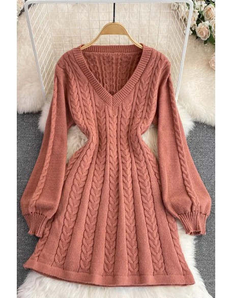 Fashion Knitted Women Dress Elegant Long Puff Sleeve A-line Short Dress Female Sweater Robe Femme Dress