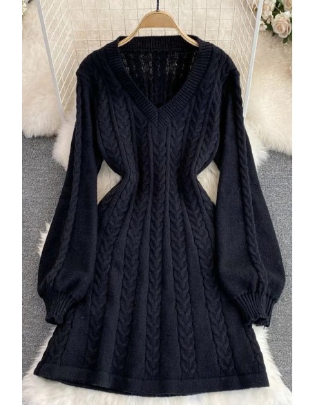 Fashion Knitted Women Dress Elegant Long Puff Sleeve A-line Short Dress Female Sweater Robe Femme Dress