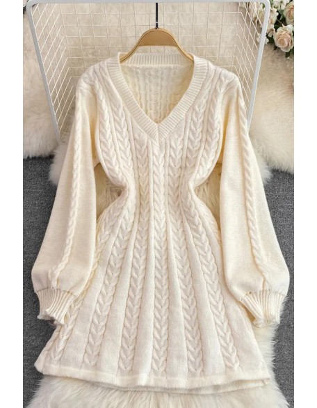 Fashion Knitted Women Dress Elegant Long Puff Sleeve A-line Short Dress Female Sweater Robe Femme Dress