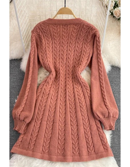 Fashion Knitted Women Dress Elegant Long Puff Sleeve A-line Short Dress Female Sweater Robe Femme Dress