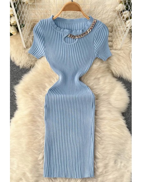 Fashion Women Hollow Out Sexy Elastic Mini Dress Chains O-neck Design Knitted Dress