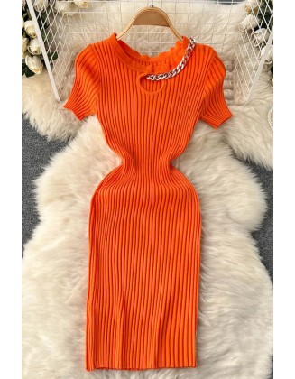 Fashion Women Hollow Out Sexy Elastic Mini Dress Chains O-neck Design Knitted Dress