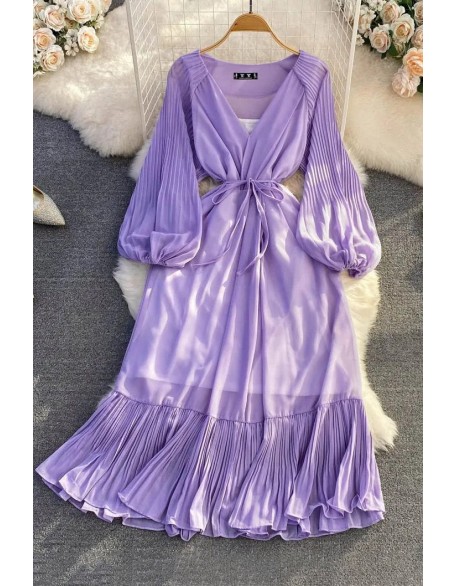 Women Dress Fashion Elegant Lace-up Ruffled Long Dress Lantern Sleeve Party Vestidos Dress